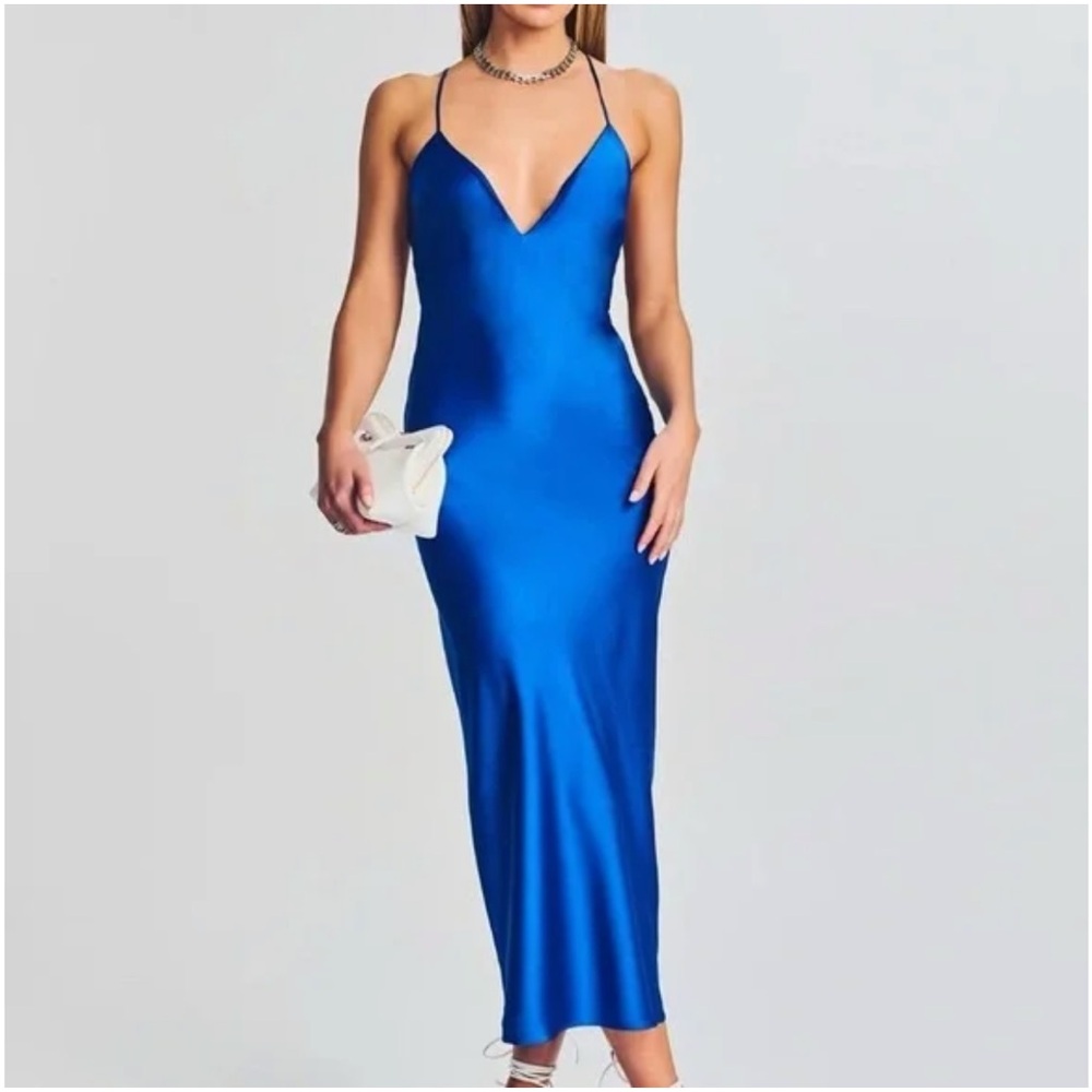 SER.O.YA Electric Blue Satin Slip Rowan Dress
